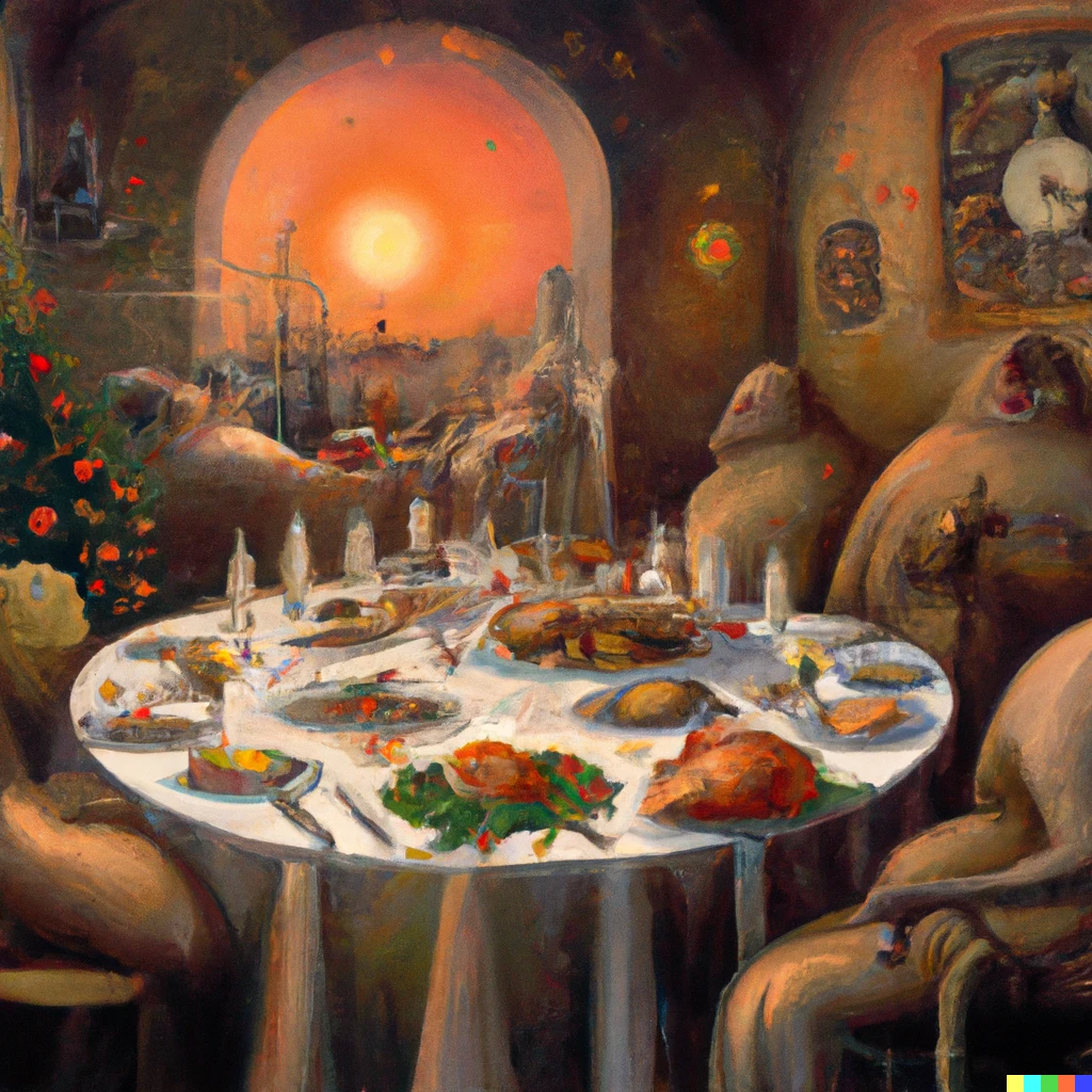 Prompt: A Zdzisław Beksiński style painting of a Christmas dinner 