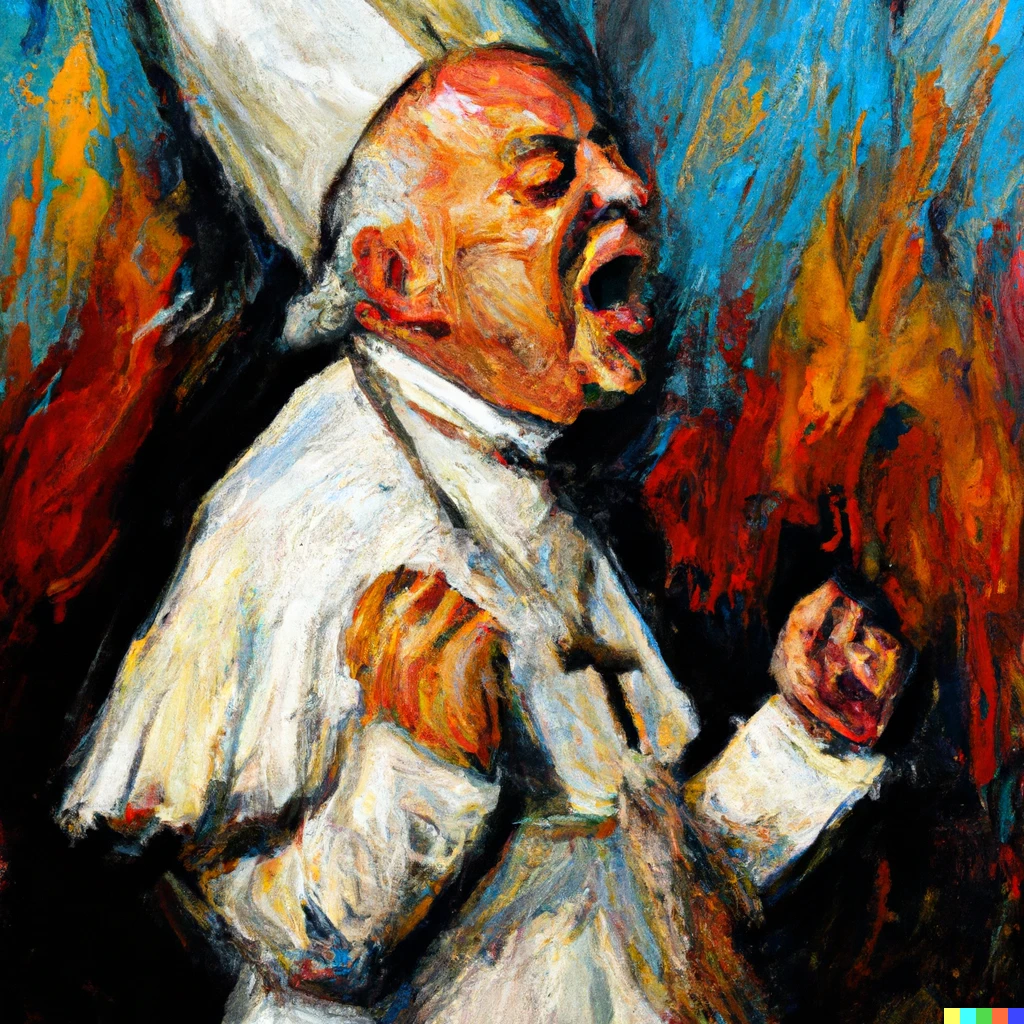 Prompt: an impresionist oil painting of a Pope head banging to metal music