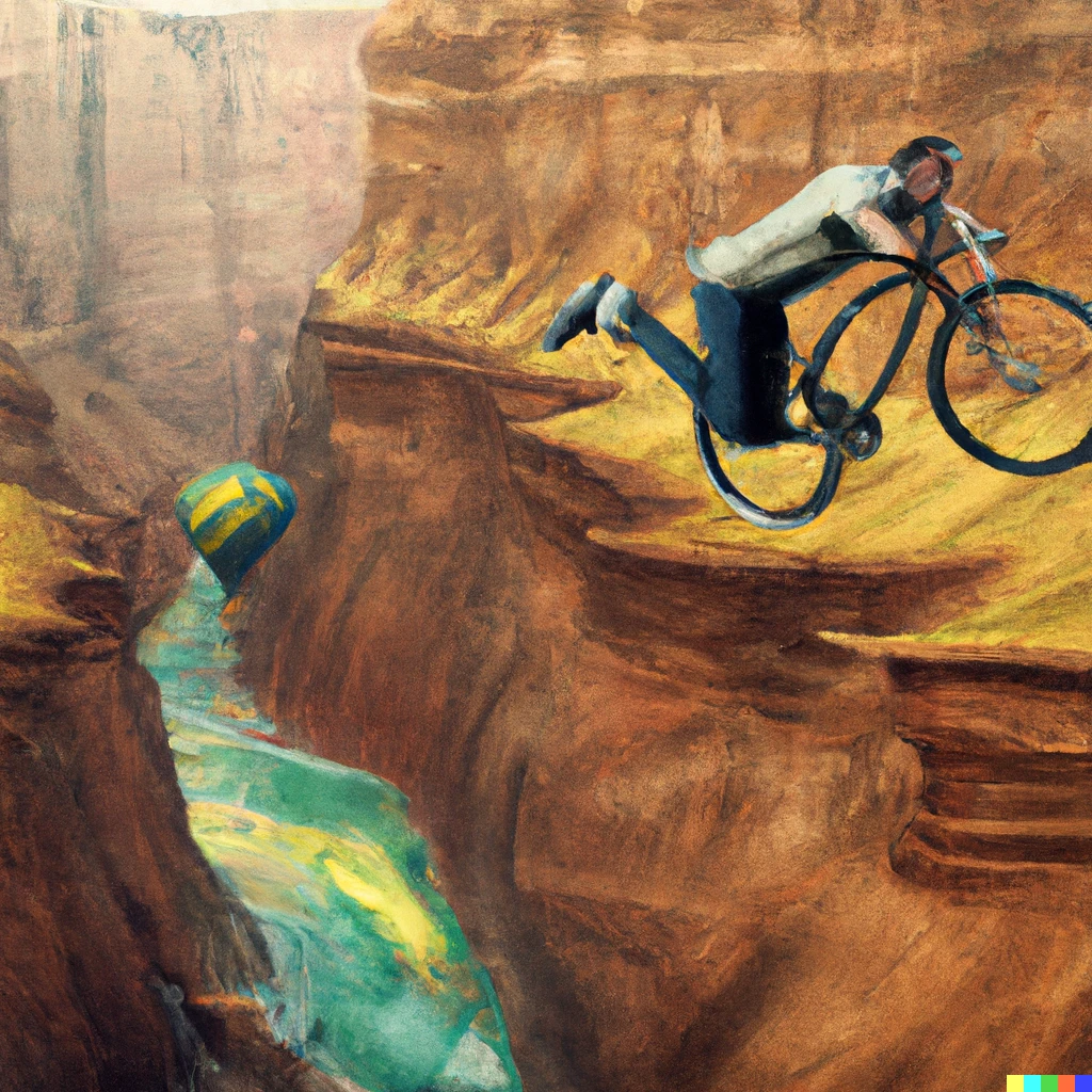 Prompt: Man on a bike flying off the Grand Canyon, painted by Salvador Dali