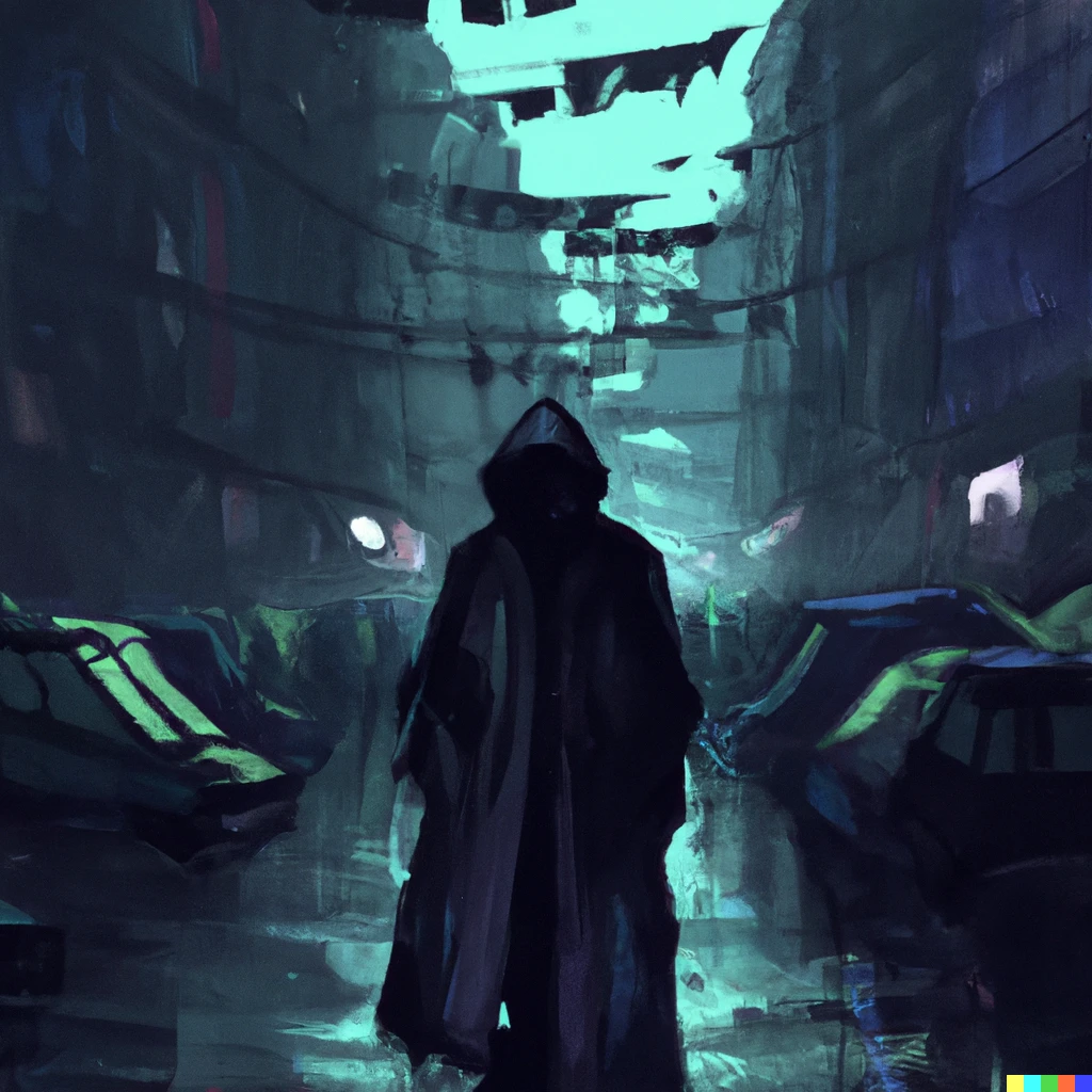 Prompt: a digital drawing of a dark cyberpunk city in a blade runner-esque future. A lonely, mysterious man in a big raincoat with its hood up is walking down a shabby, rainy street, lined with tents housing homeless people and trashbags and the likes.