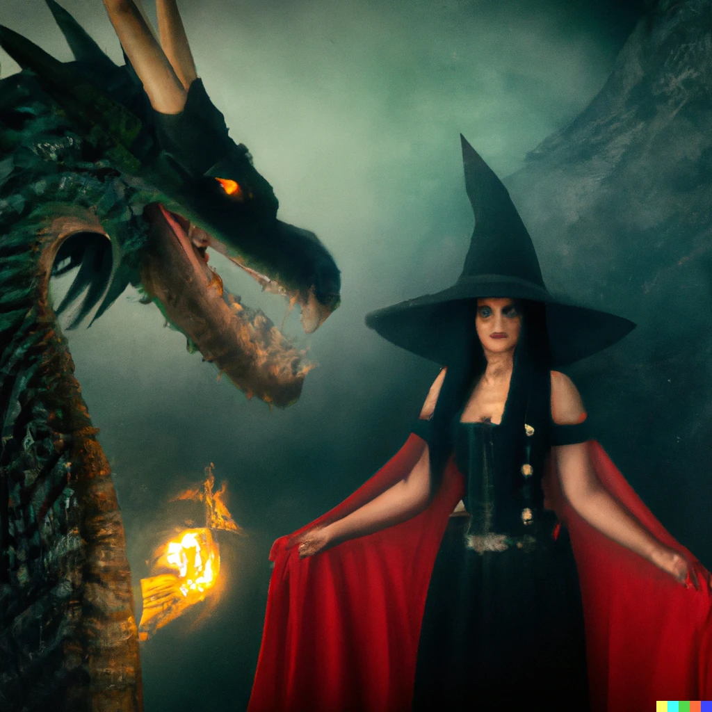 Prompt: Phot of a female black mage standing before a dragon