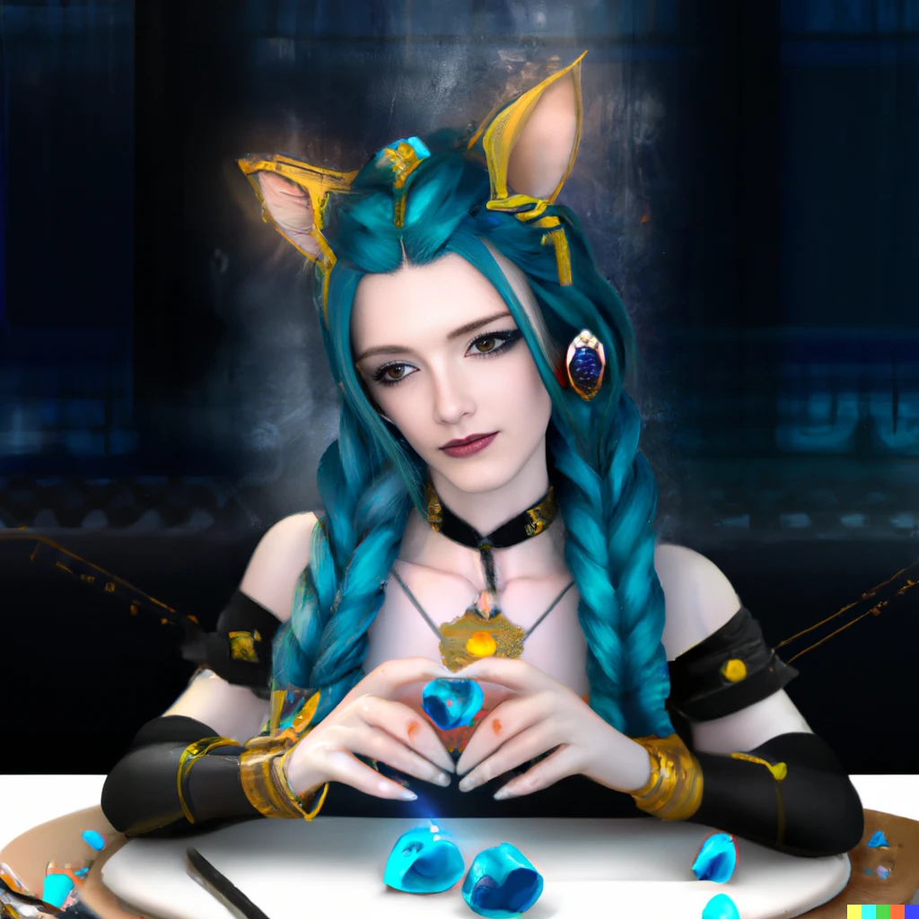Prompt: Female final fantasy mi'qote goldsmith with blue plait hair and small blue cat ears holding a gem, in front of her is a table and small jewelers hammer, 4k computer graphics