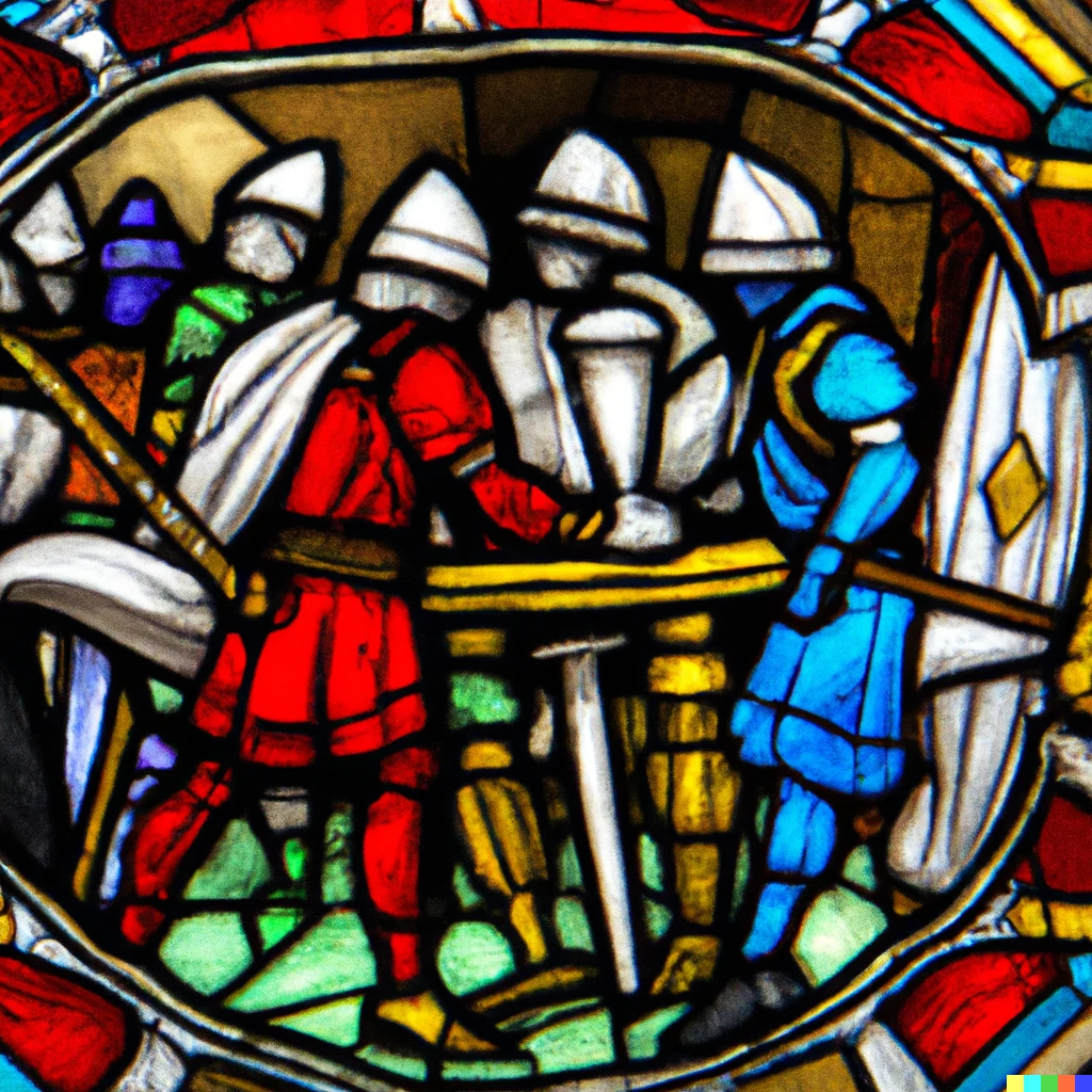 Prompt: A stained glass representation of the knights of the round table searching for the holy grail