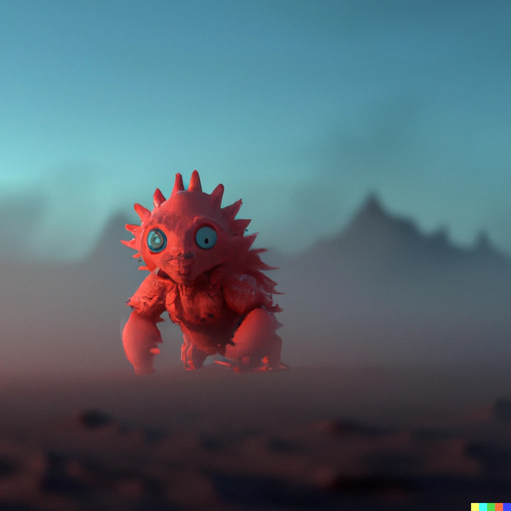 Prompt: A realistic photo of a spiky red monster standing on the foggy surface of mars , 4k , sinister 