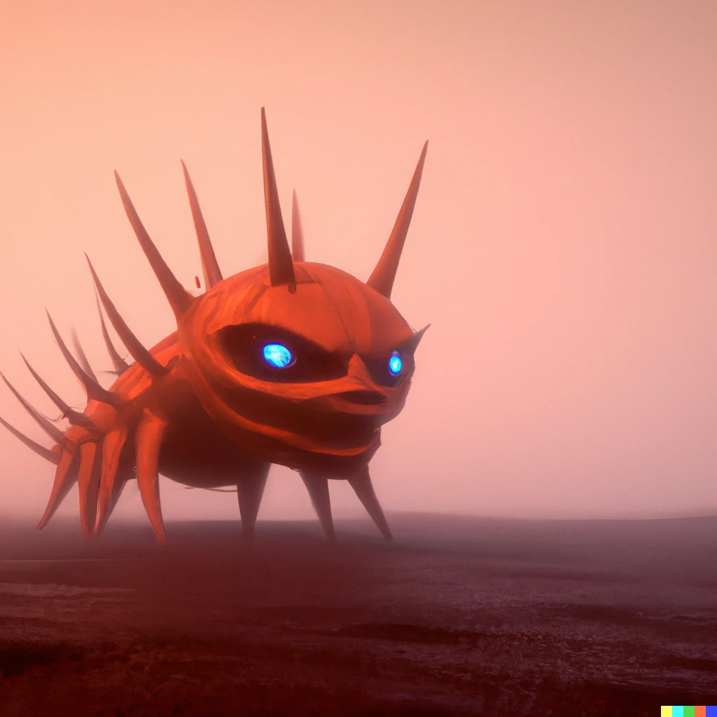Prompt: A realistic photo of a spiky red monster standing on the foggy surface of mars , 4k , sinister 