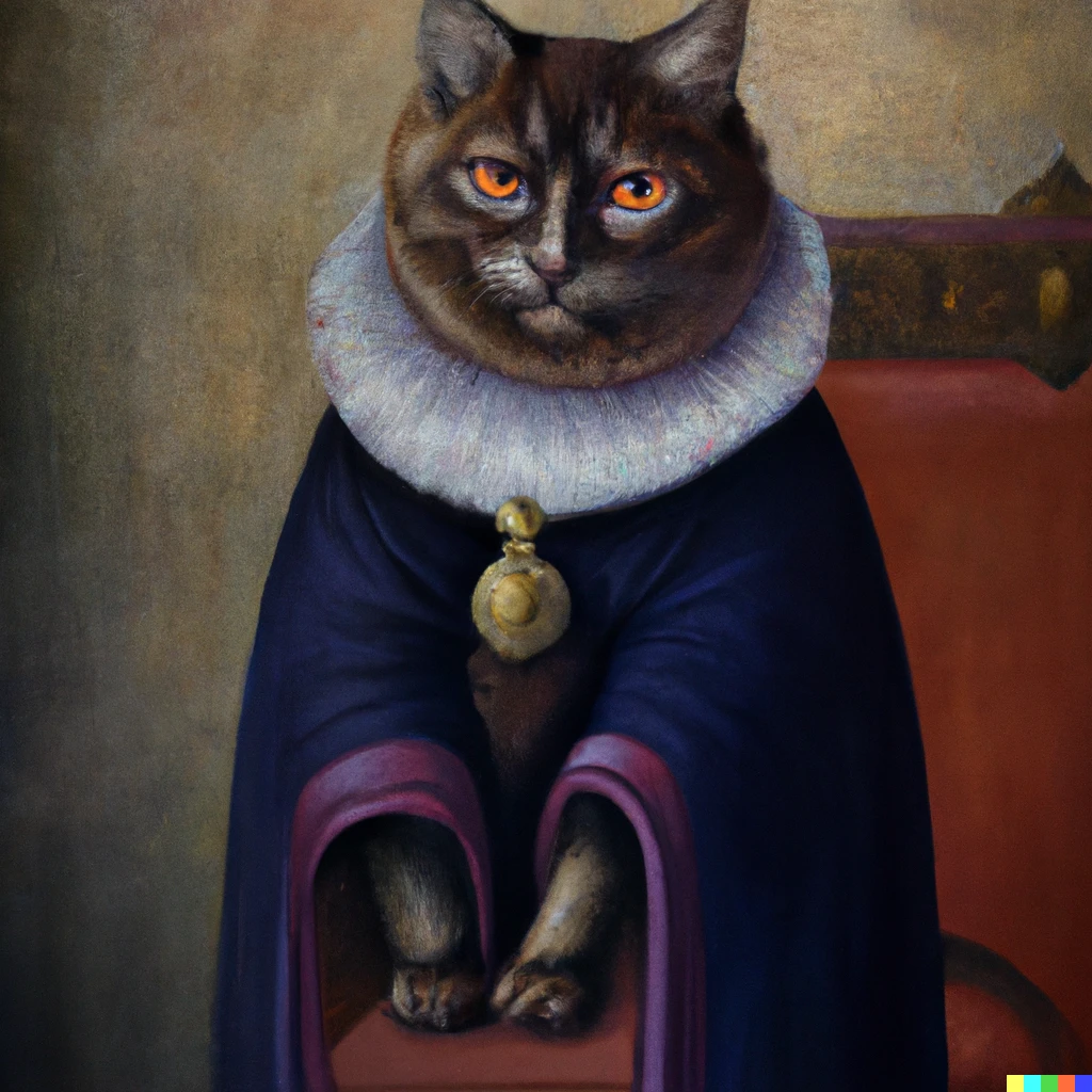 Prompt: A renaissance painting of a cat in judges robes staring at you with an evil eye