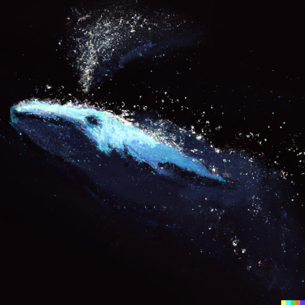 Prompt: An impressionist whale flying through space