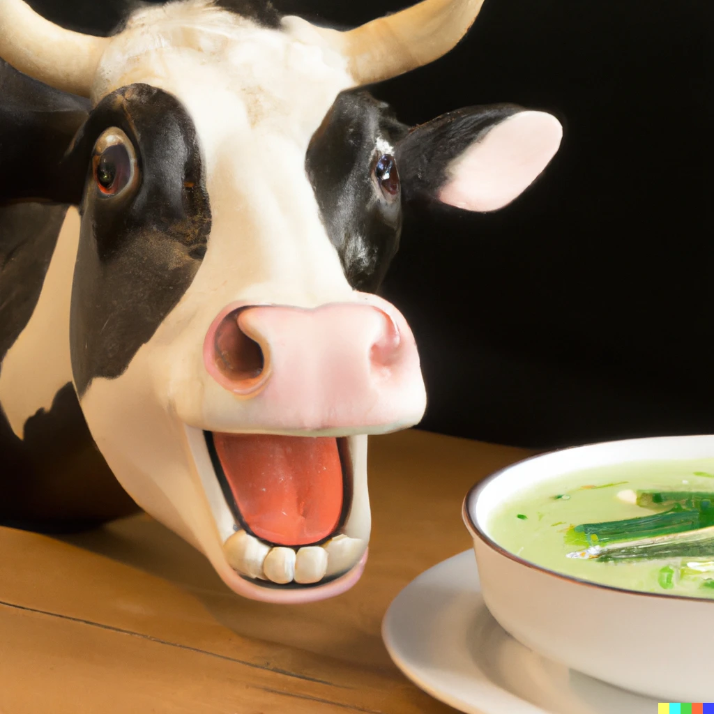 Prompt: A laughing Holstein cow next to a Courgette Soup 