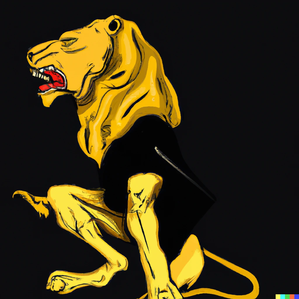 Prompt: Patriot fighting like a lion in yellow and black