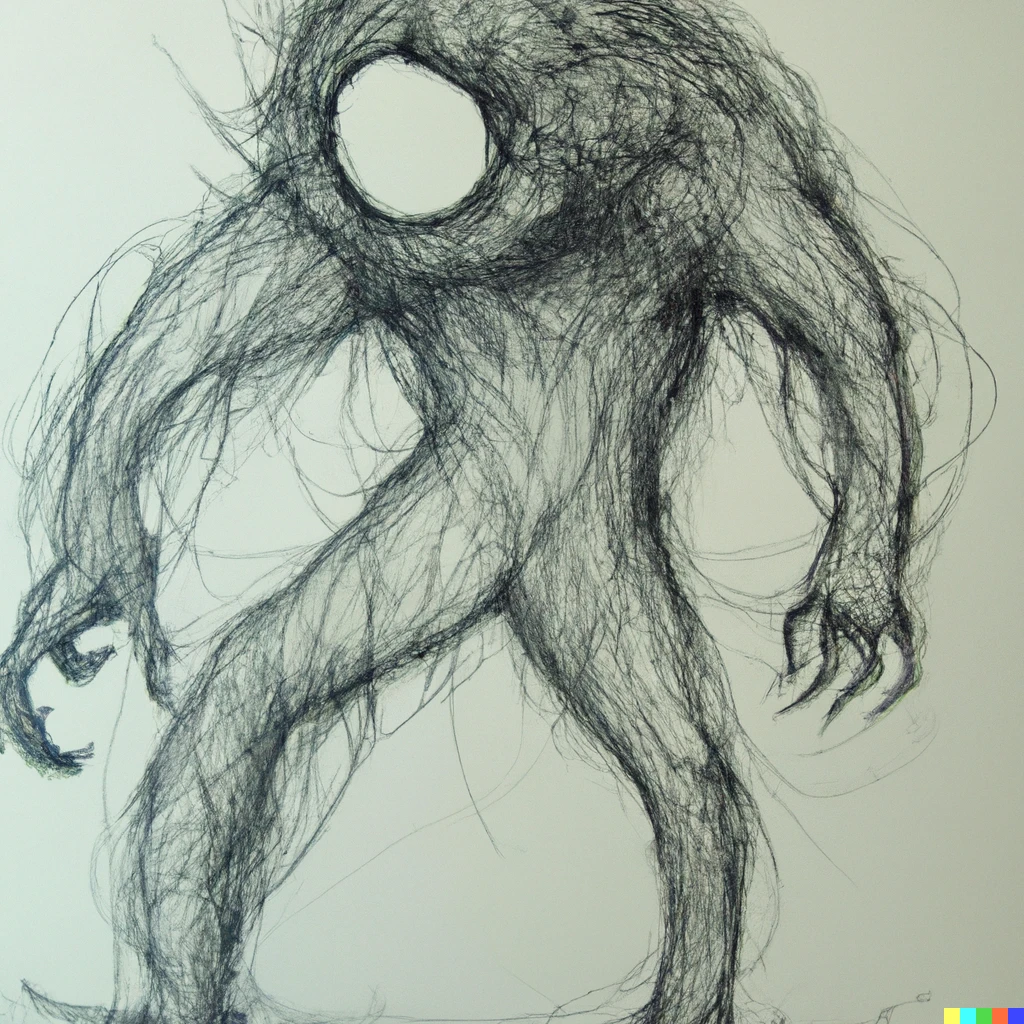 Prompt: the physical embodiment of "unsettling" taking form as a monster, monochrome pencil sketch