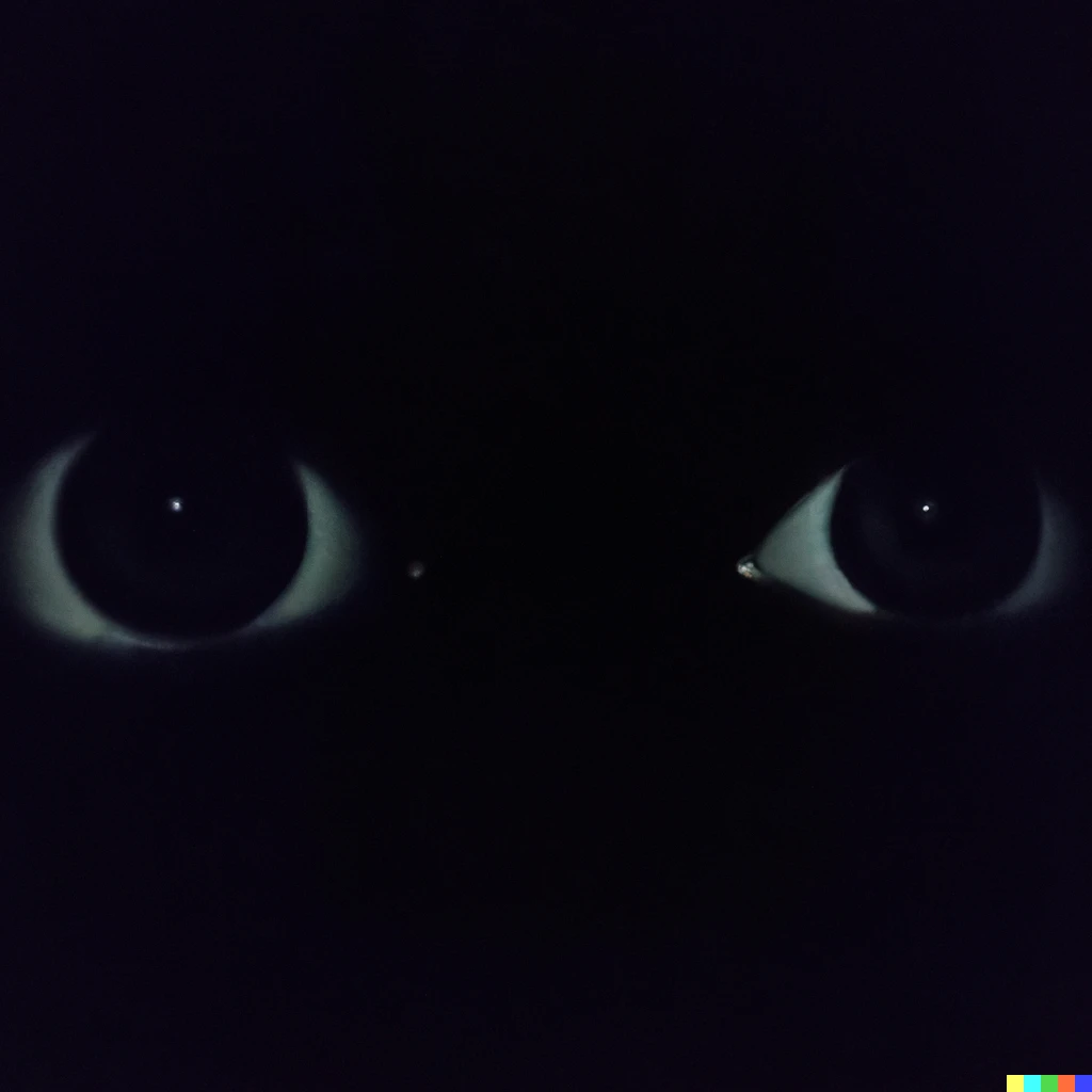 Prompt: why are these pairs of eyes staring at me in the darkness this is really freaking me out