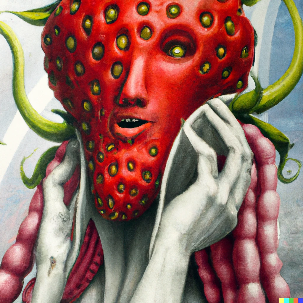 Prompt: A strawberry girl alien by h.r giger and salvador dali