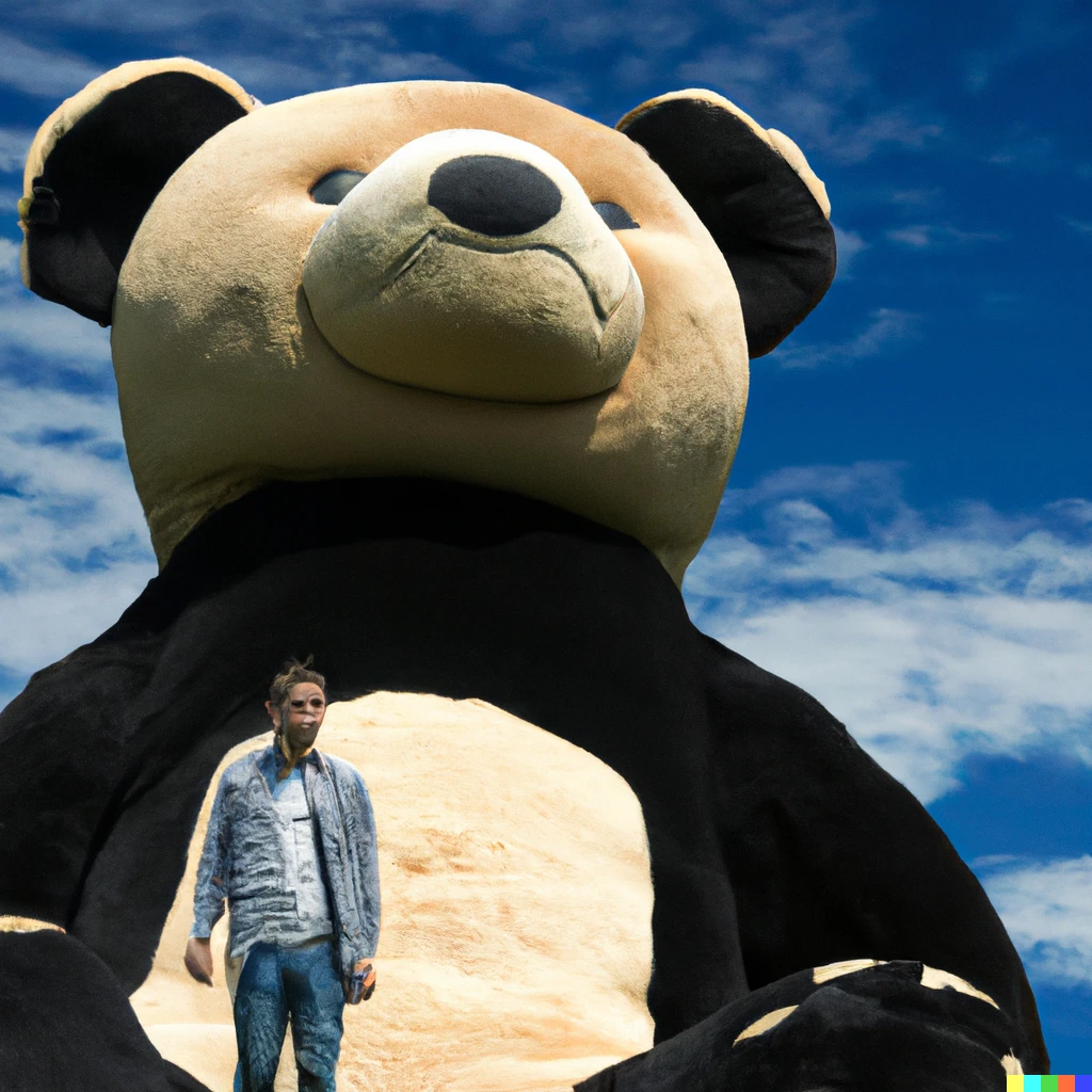 Prompt: Large teddy bear looming ominously over a human