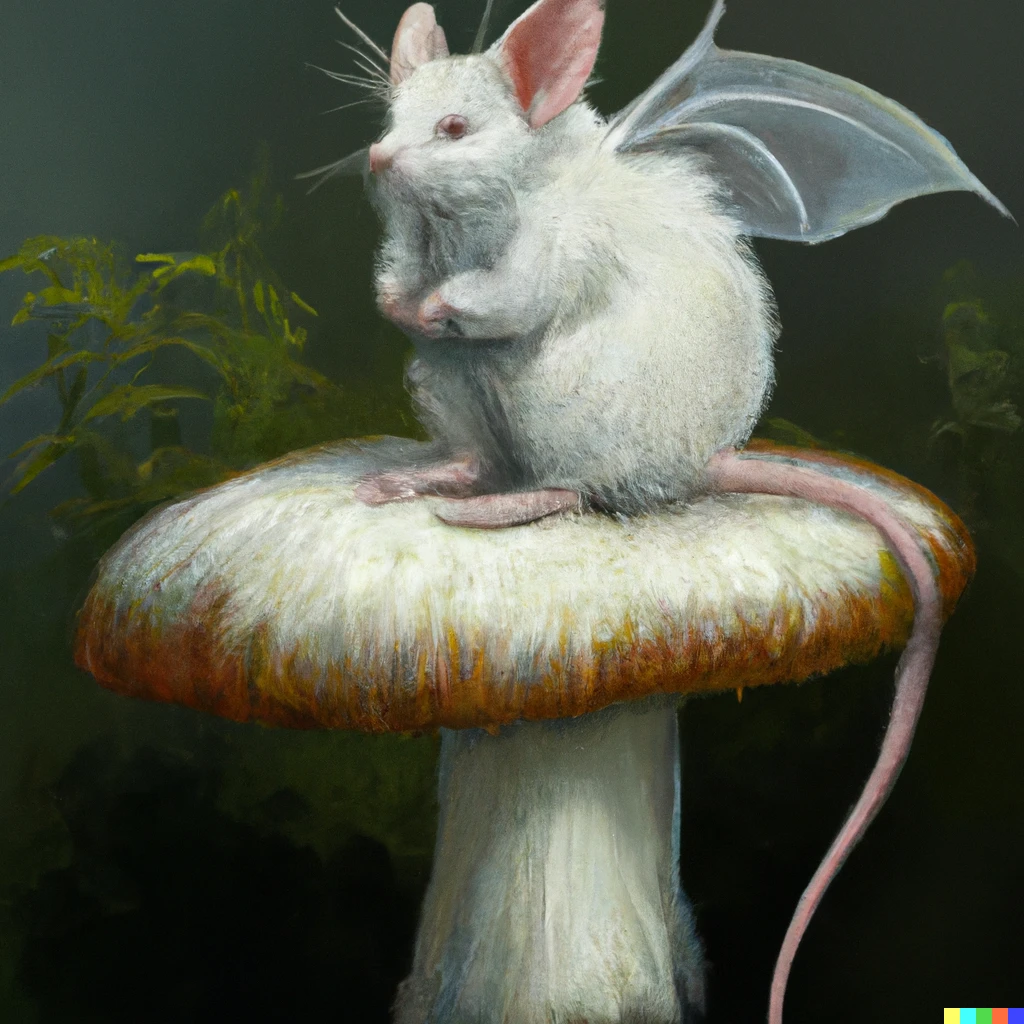 Prompt: oil painting of a white rat with pointy bat ears and bat wings sitting on a mushroom
