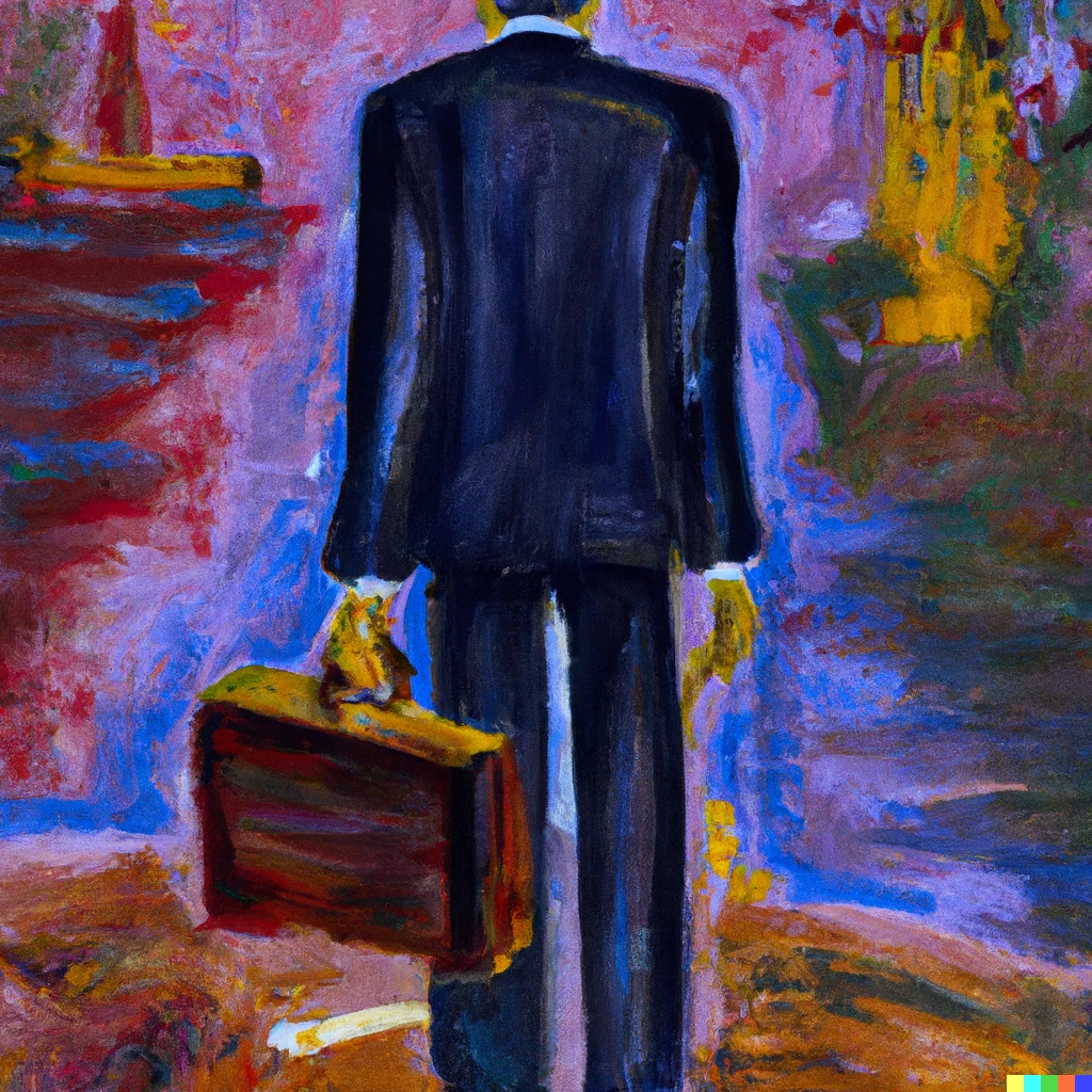 Prompt: A man in a suit and tie holding a briefcase, witnessing the end of existance, impressionist painting. 