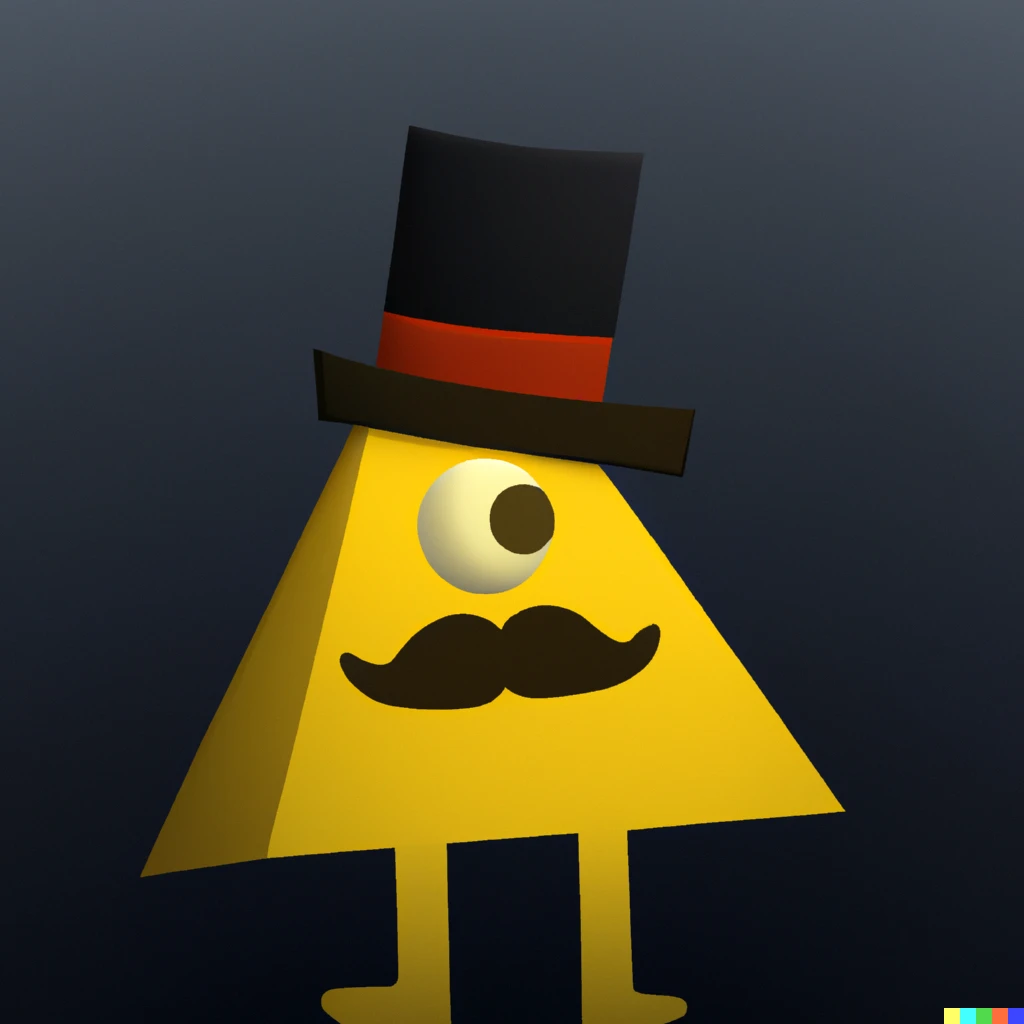 Prompt: digital art of a 2d yellow triangular anthropomorphic pyramid character with 1 eye, a bow tie, and a skinny top hat