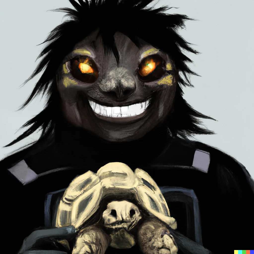 Prompt: digital art of a black protogen furry character smiling at the camera holding a tortoise