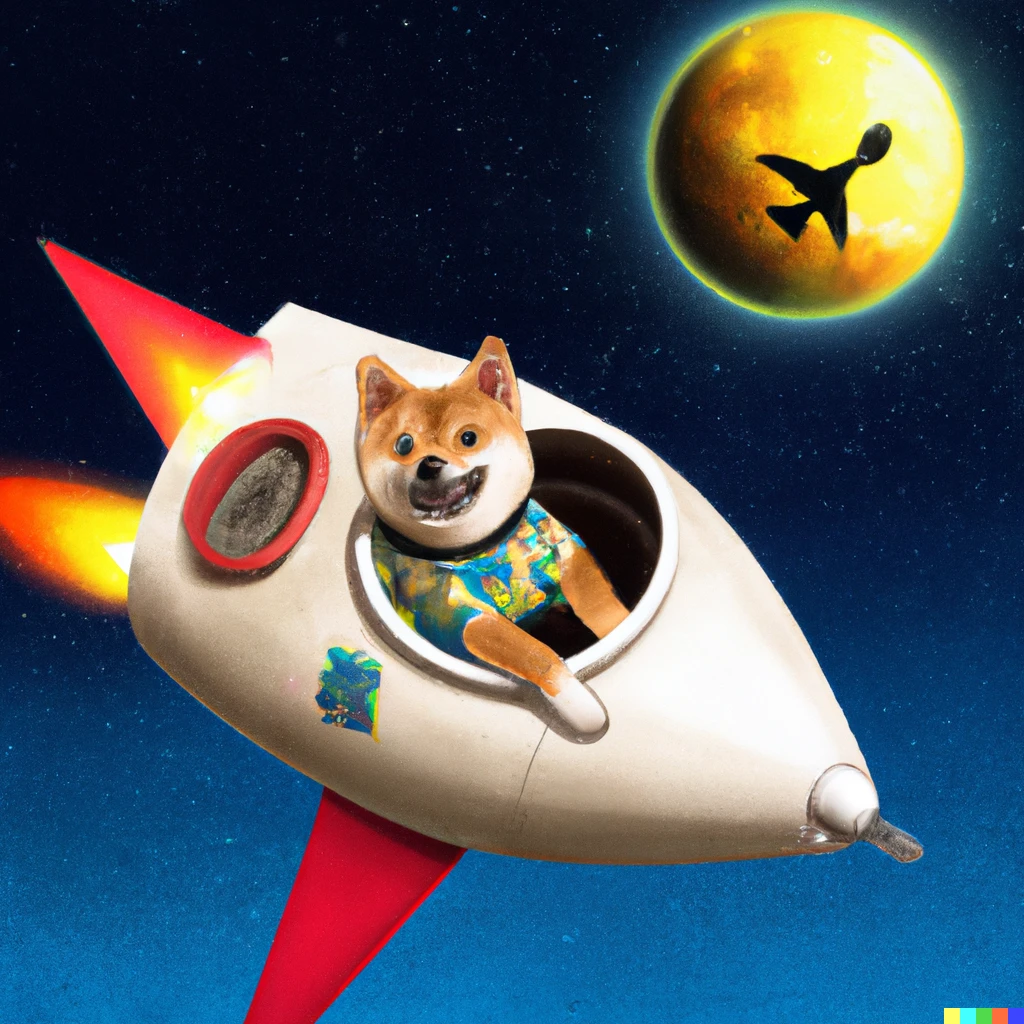 Prompt: Shiba Inu wearing a Hawaiian Shirt in a space shuttle flying to the moon, realistic