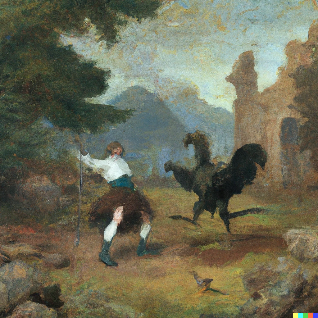 Prompt: An Edwardian painting of a Scottish Highlander in a kilt having a dance-off against a large velociraptor near a ruined abbey.