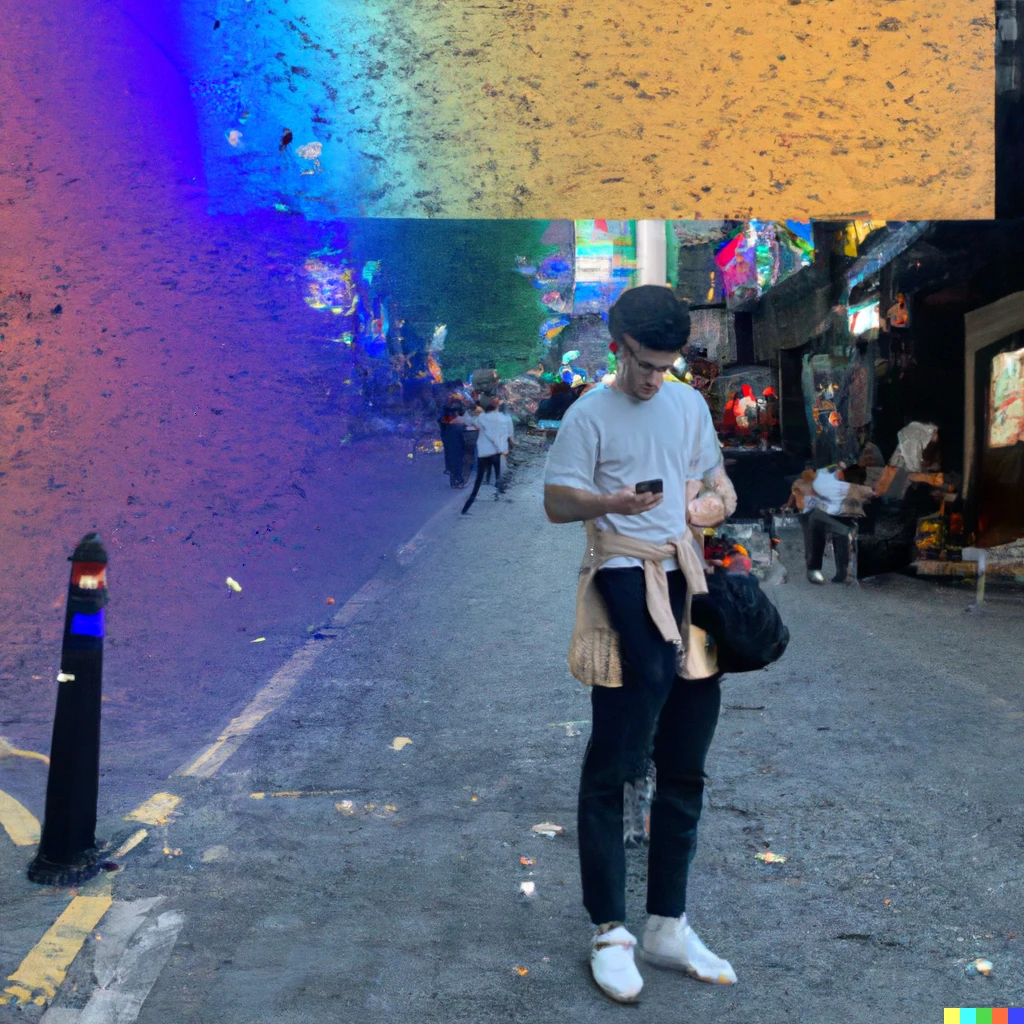Prompt: A tourist standing and looking at his phone in a futuristic looking Seoul street, Sony a73 high definition long shot