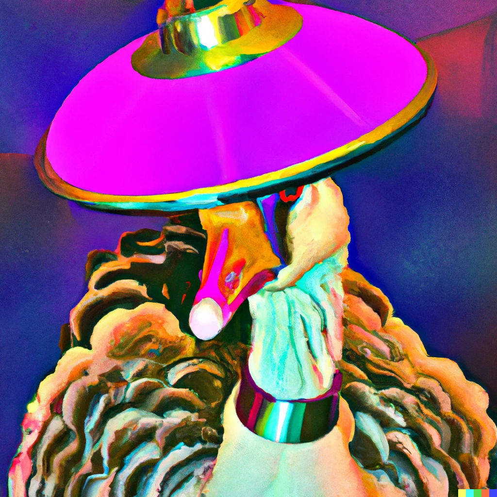 Prompt: Queen goose with lamp shade hat  vibrant and expressive synthetic vibe of the 80’s floating in deep space