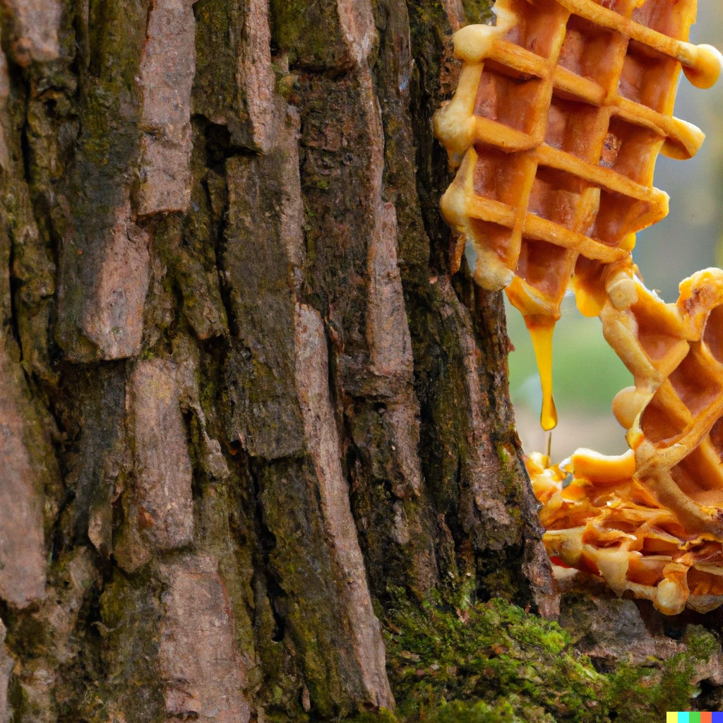 Prompt: Golden Belgian waffles are growing from the branches of a tree, syrup dripping on the ground