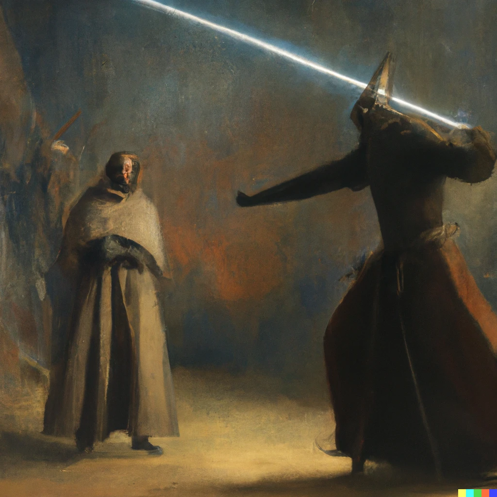 Prompt: Anakin Skywalker in a sword fight with Obi-Wan Kenobi, medieval knights, painting by Jean-François Millet
