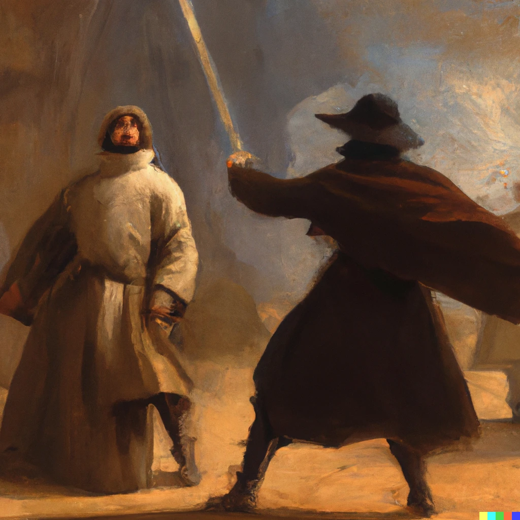 Prompt: Anakin Skywalker in a sword fight with Obi-Wan Kenobi, medieval knights, painting by Jean-François Millet