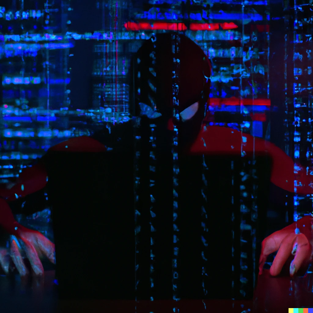 Prompt: Spider-man sitting in front of a computer typing computer programming code, night time, the matrix