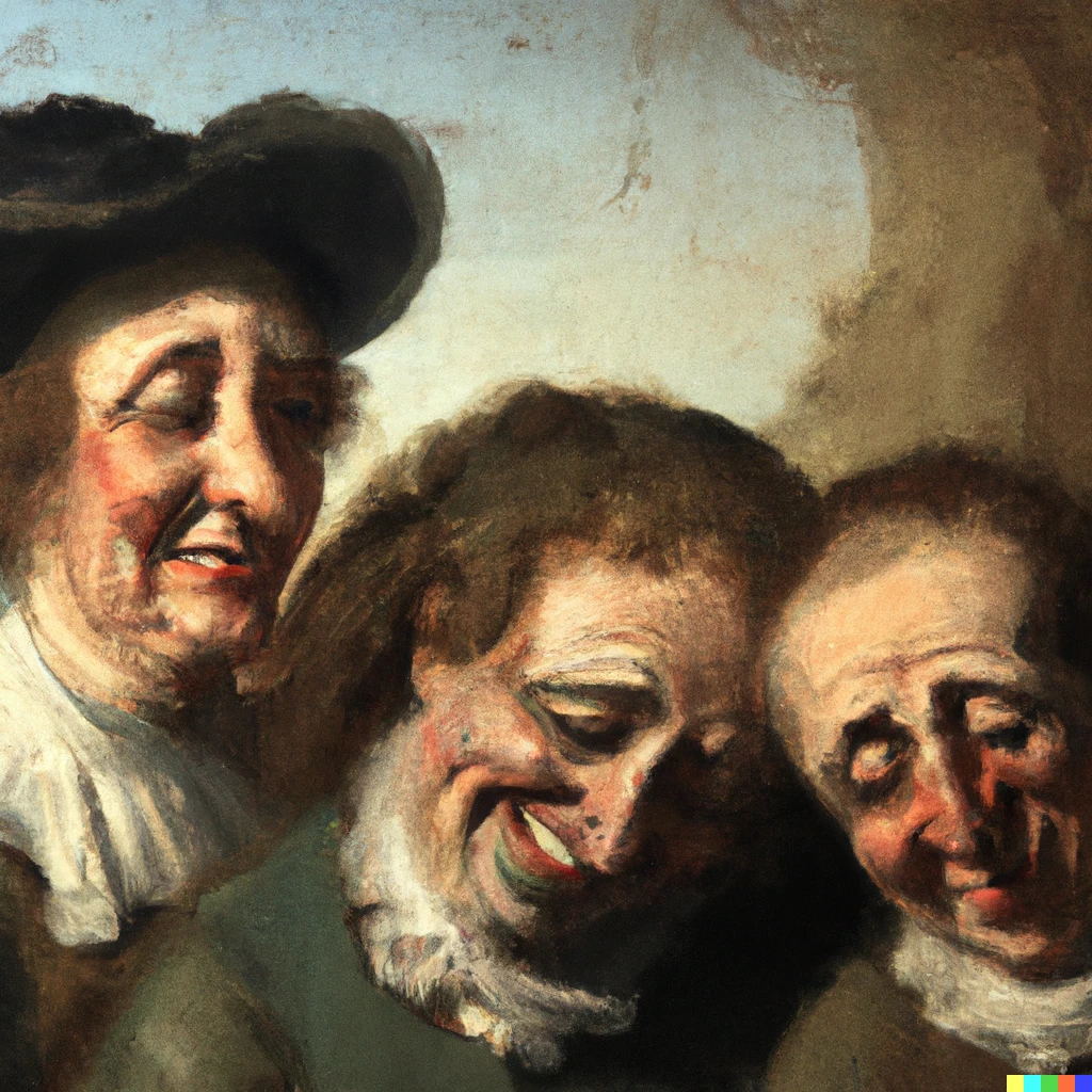 Prompt: Rembrandt painting of people laughing at something sad