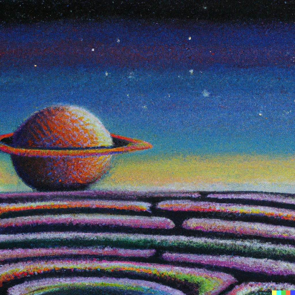 Prompt: A pointilism painting of an alien landscape with a ringed planet rising over the horizon 