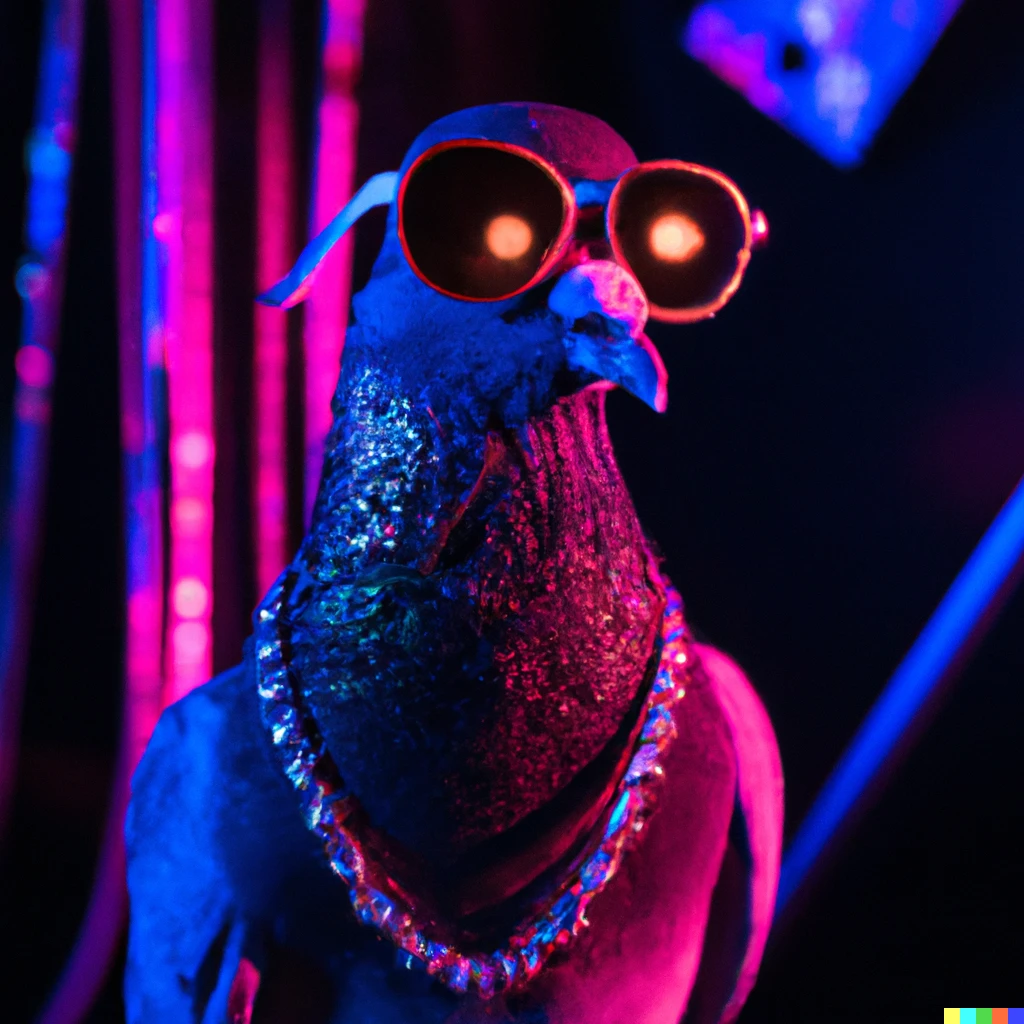 Prompt: a pigeon wearing a gold necklace and sunglasses in a neon nightclub
