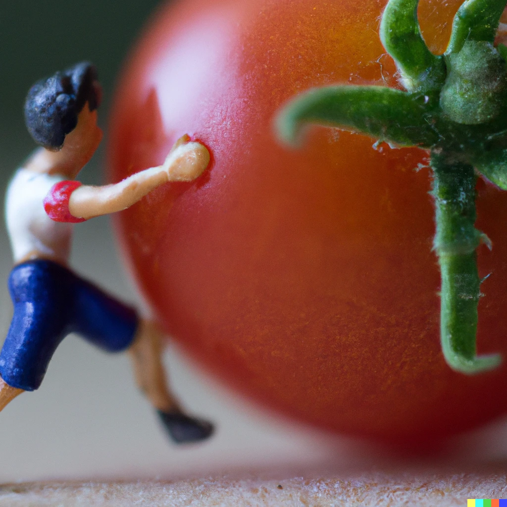 Prompt: Macro 35mm photography of a tiny soccer player who is playing with a tomato