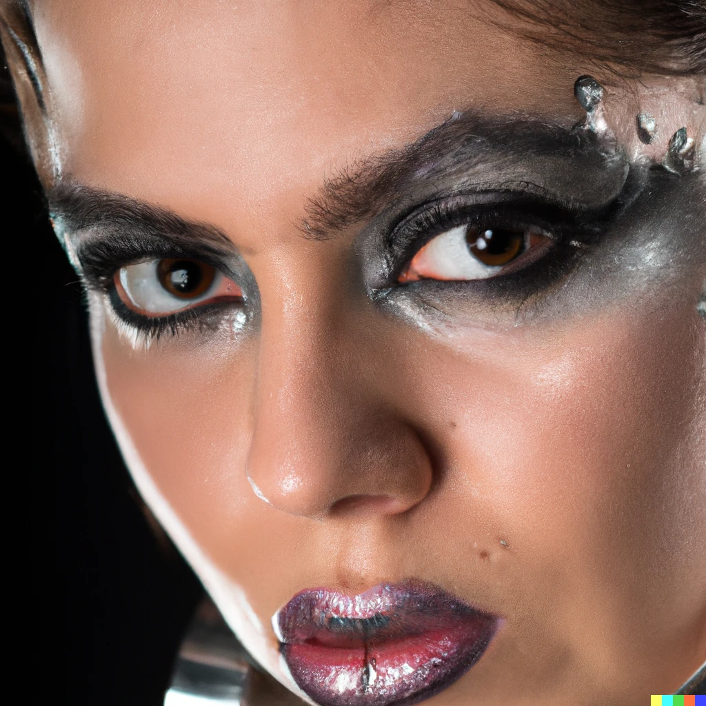 Prompt: photograph meant for a advert campaign  of a Brazilian woman fashion model with metal makeup, Studio lighting, sigma 85mm f 1/4, portrait photography