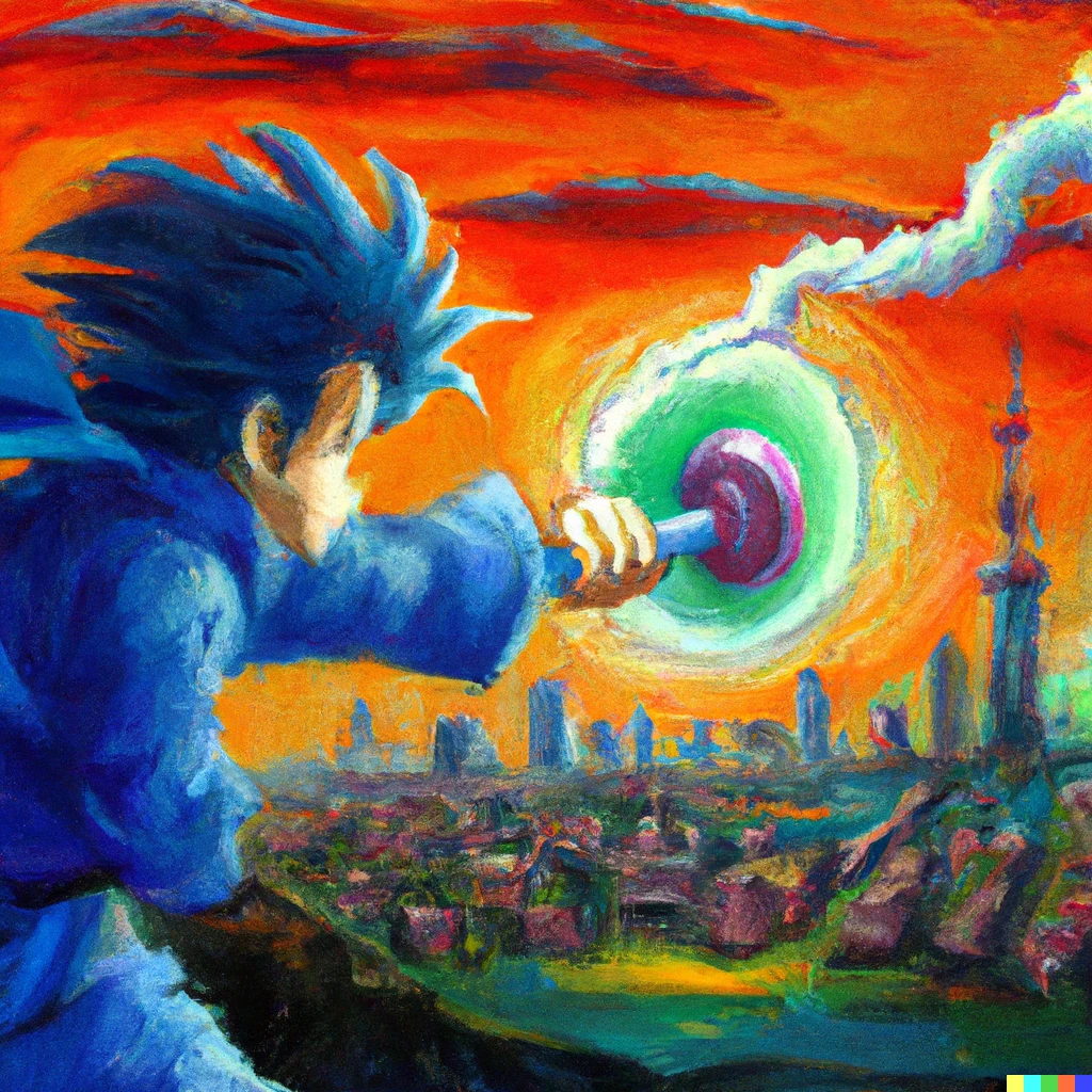 Prompt: surreal art + oil painting art Goku blasting a city with a Kame Hame Ha