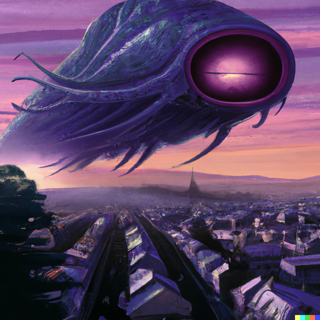Prompt: A giant flying purple alien monster with one eye and one horn emerging from the sky at dusk to over a small town in the year 3000 painted by H.R. Giger