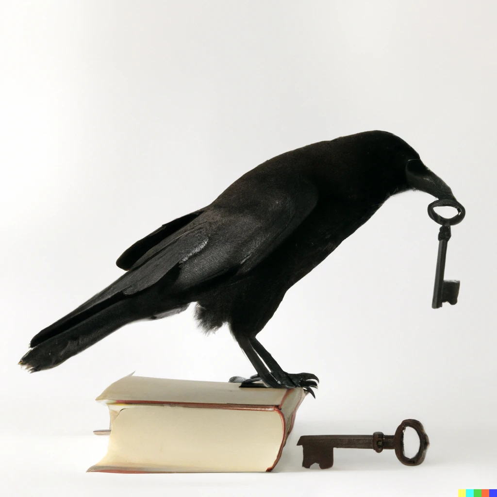 Prompt: a black crow, holding a single antique key in its beak, standing on a book, long shot on white background, photorealistic 