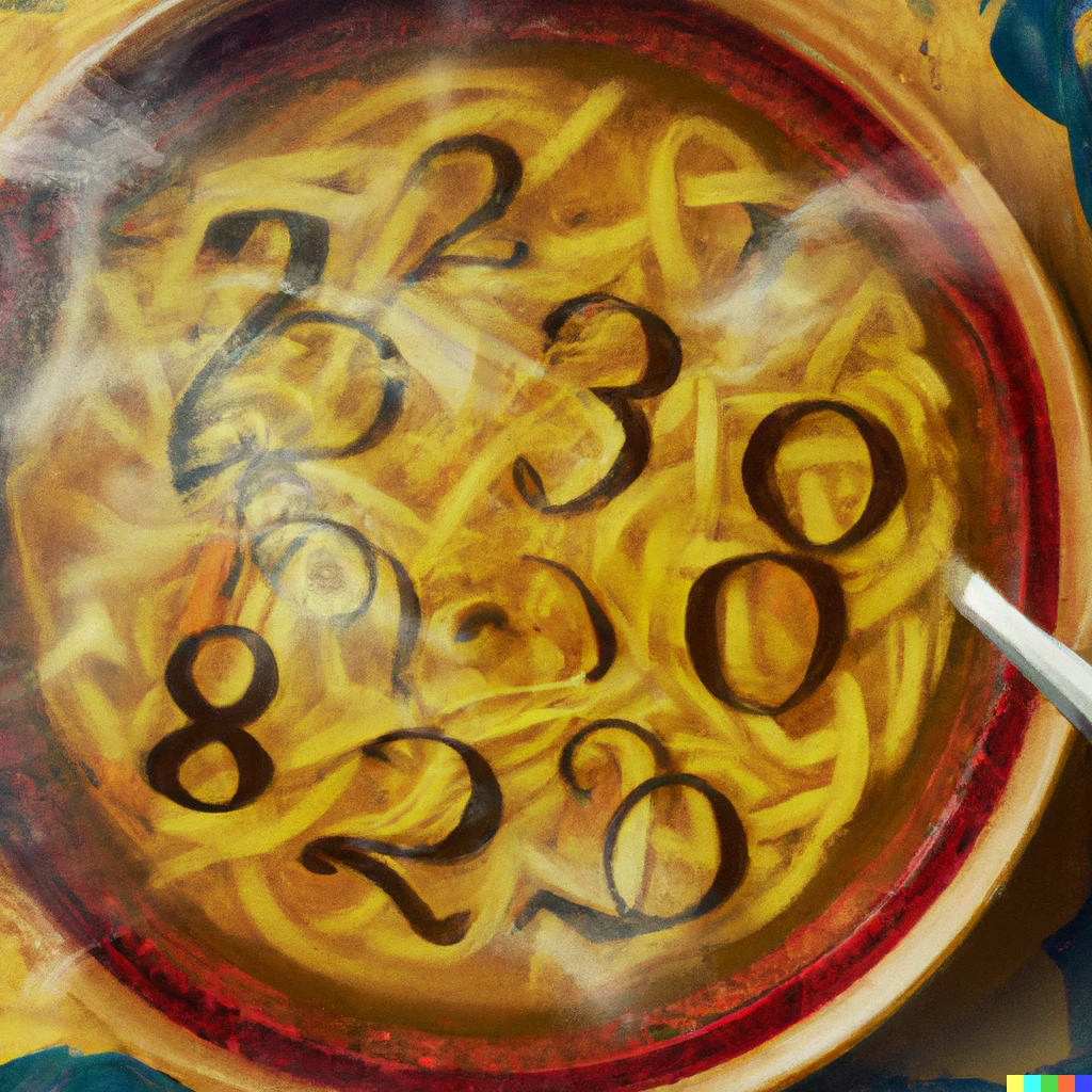 Prompt: hot steamy soup, made of noodles shaped as numbers, in the style of Klimt