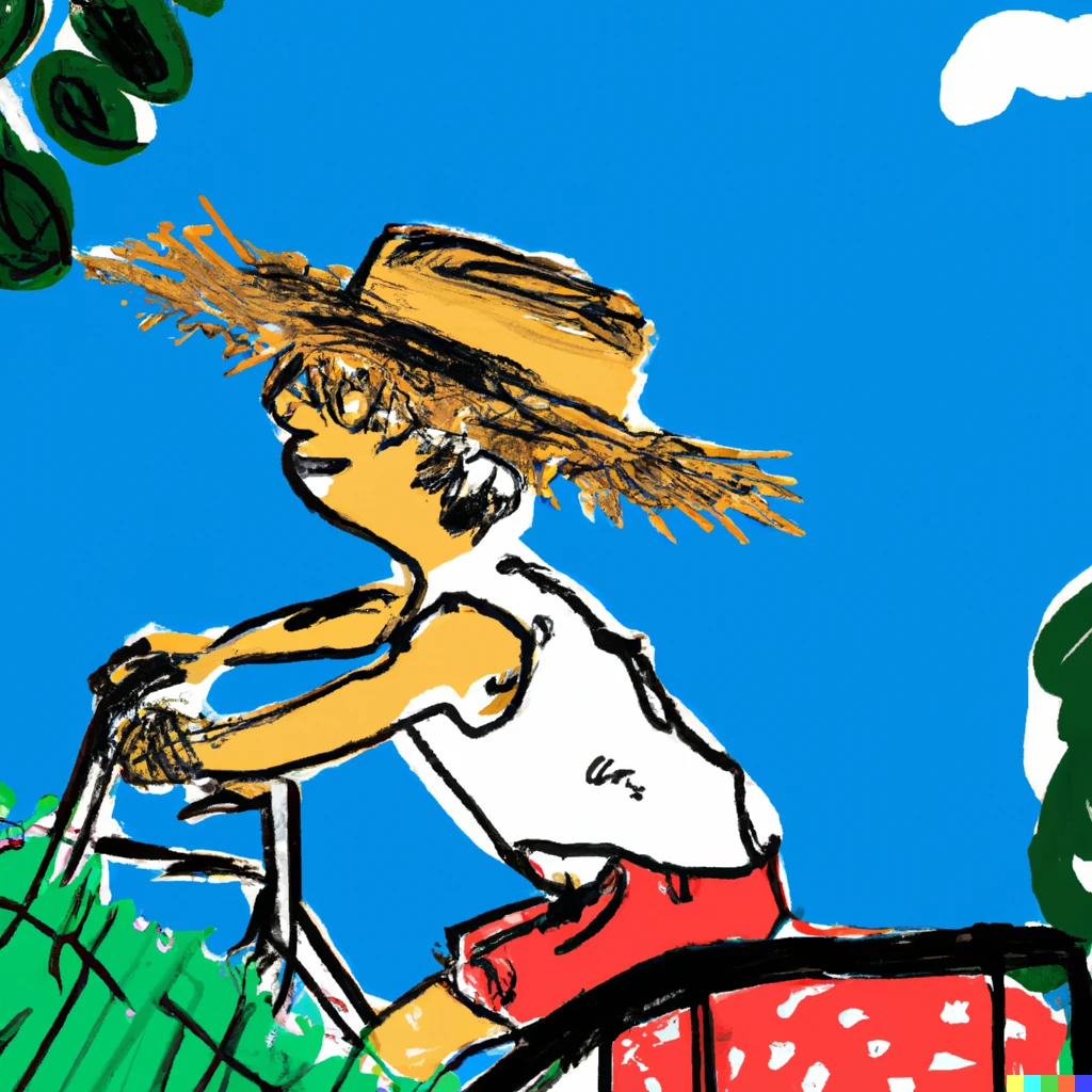 Prompt: Summer Season in Japan
A boy riding a bicycle wearing a straw hat
in the style of Picasso