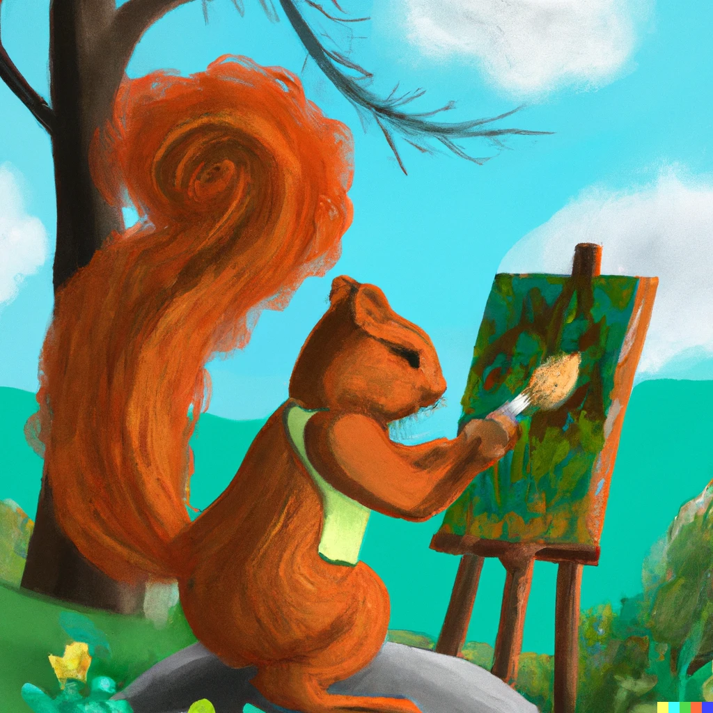 Prompt: A squirrel with an Afro painting a beautiful landscape