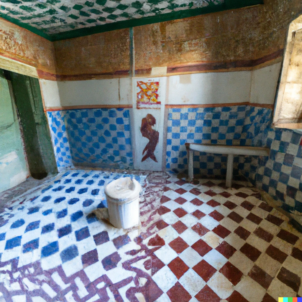 Prompt: ancient restroom with wall paintings and murals and mosaic floor but the floor mosaic has male female head patterns on it 