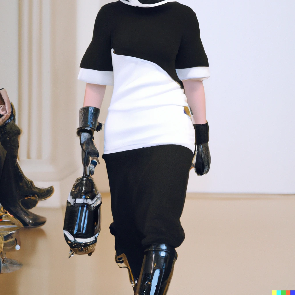 Prompt: model walking the runway of Balenciaga Fall 2050 Ready-to-wear