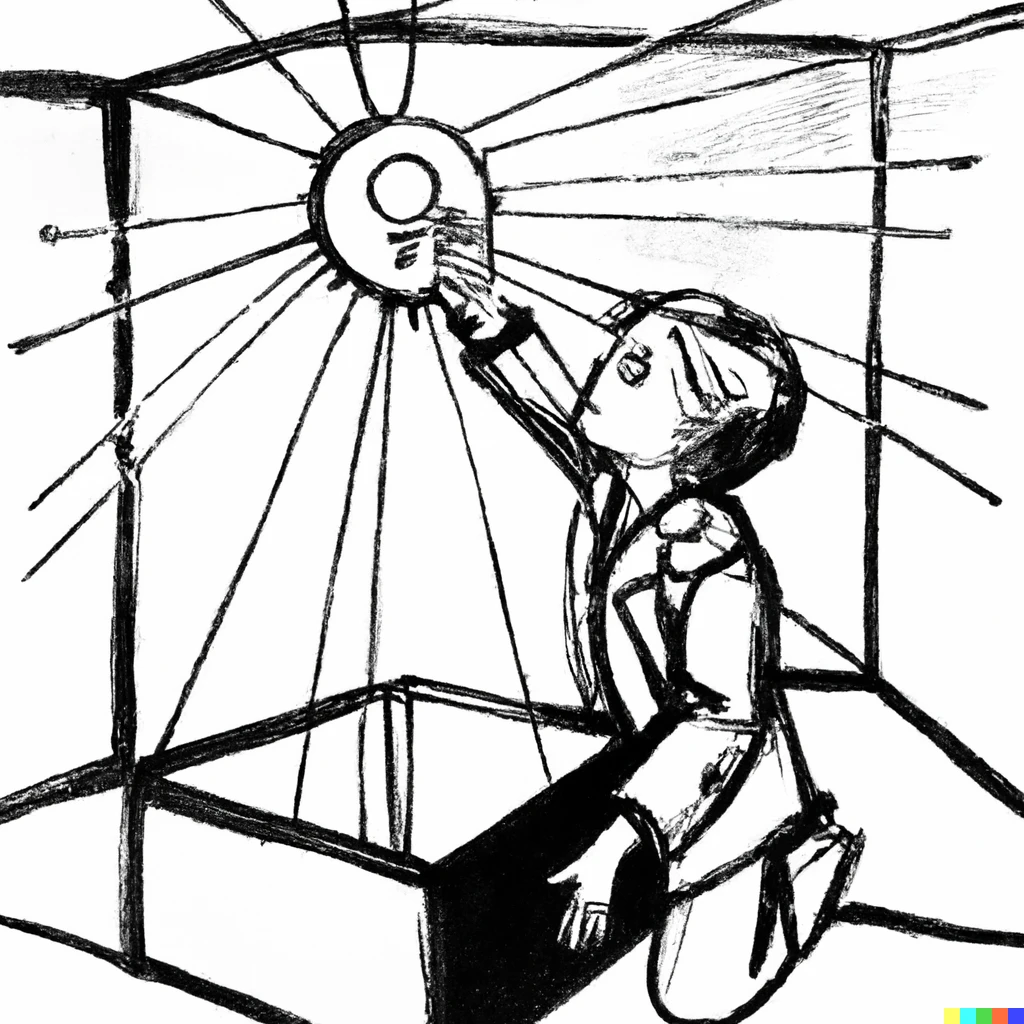 Prompt: pen and ink drawing of a child scientist reaching into a box of light