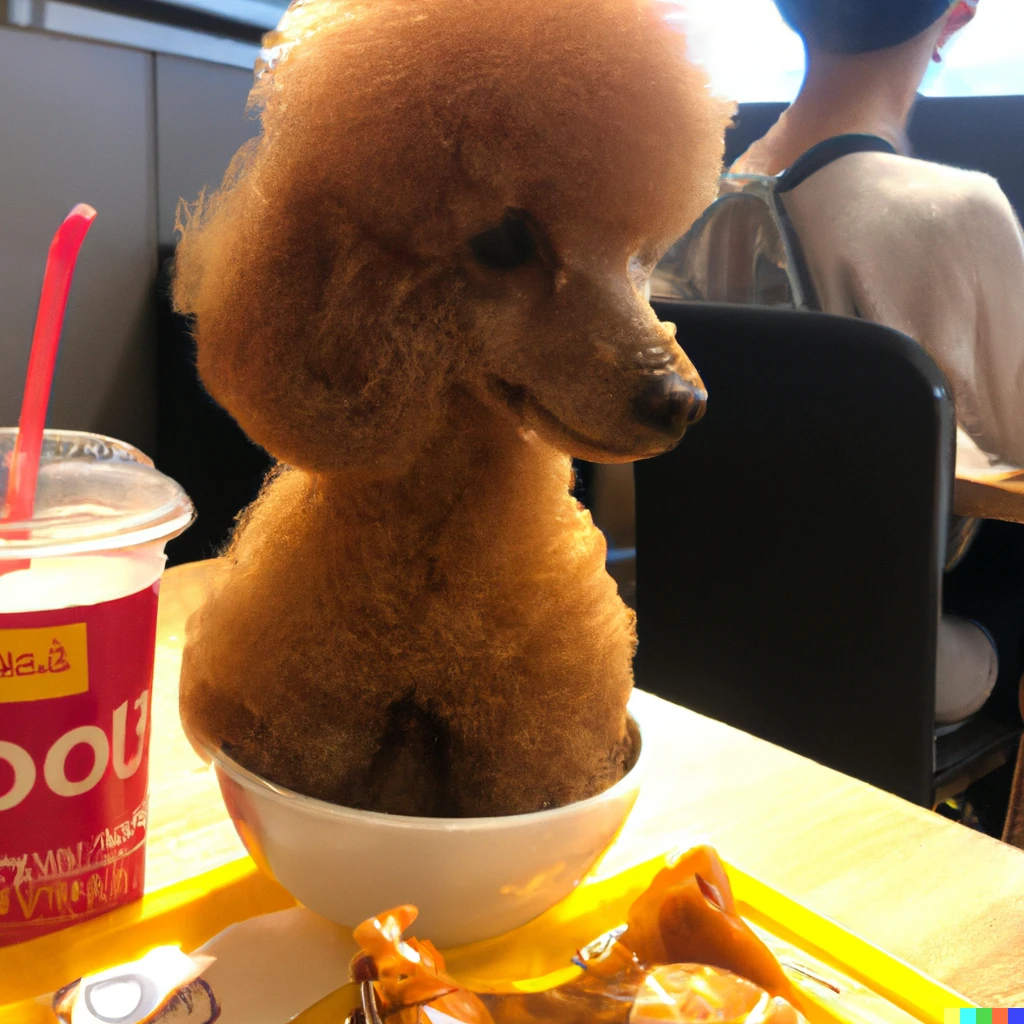 Prompt: Poodle which looks like fried chicken at a fast food restaurant