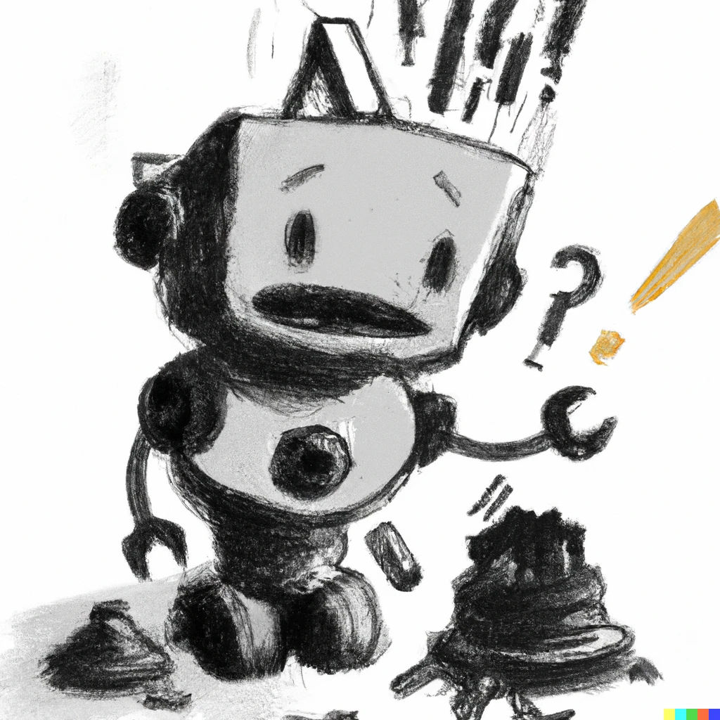 Prompt: Charcoal a cute robot struggles to process a difficult input