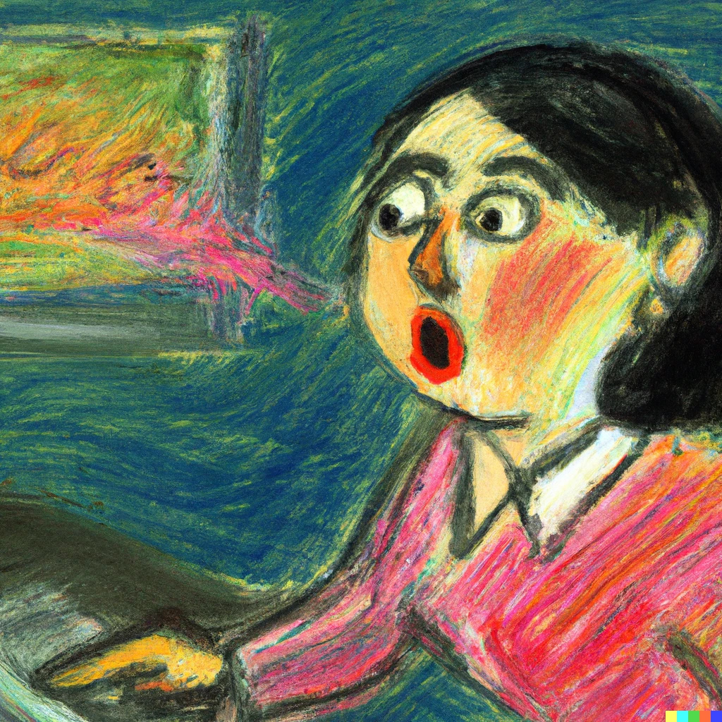 Prompt: "An oil pastel painting of a skeptical researcher absolutely amazed by what she's seeing on a computer"