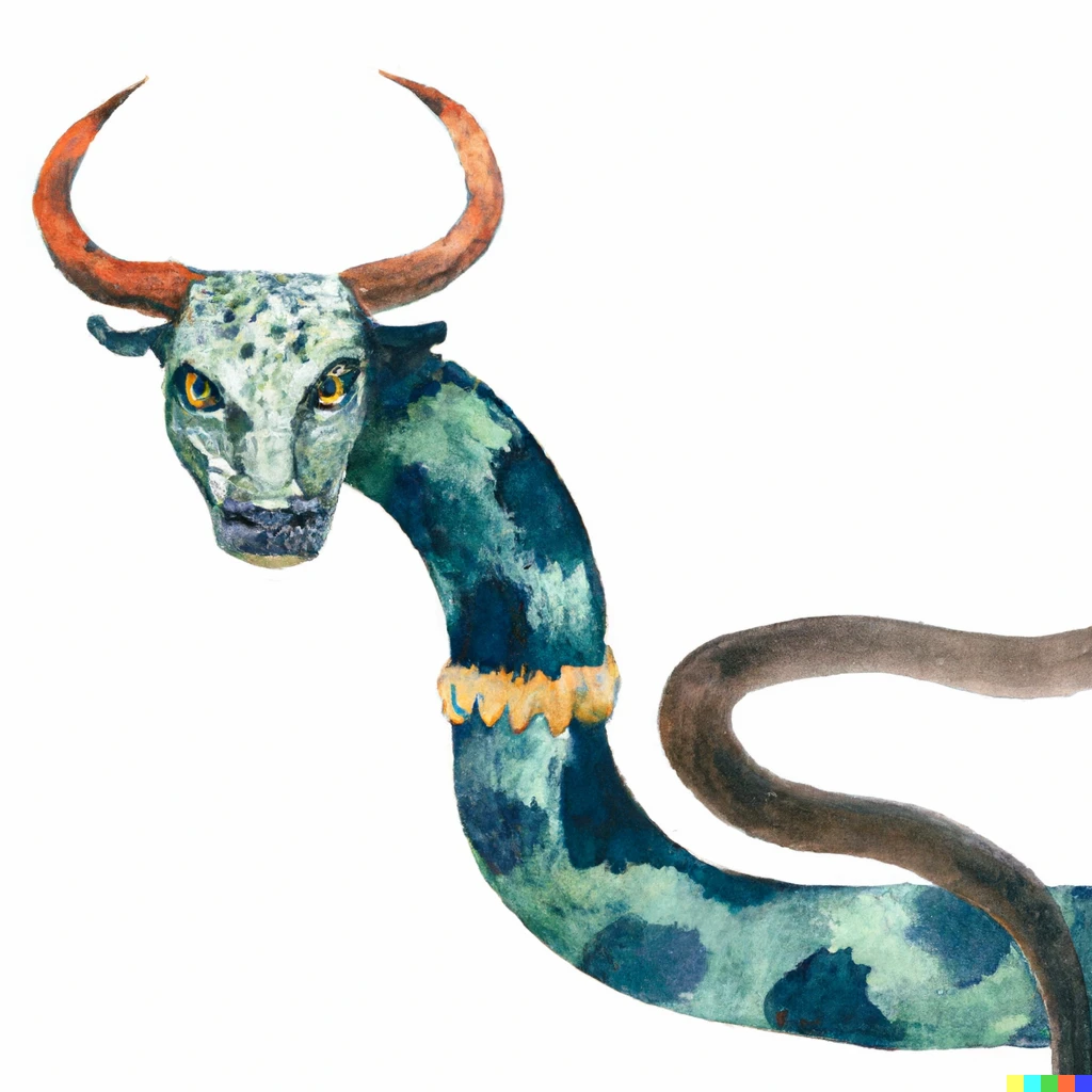 Prompt: watercolor painting of a bull with snake-like qualities