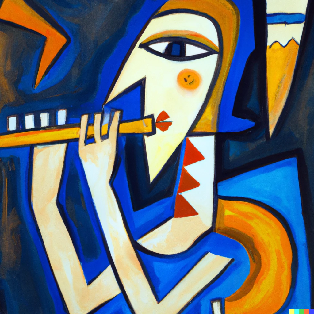 Prompt: Picasso style painting of a woman flute player