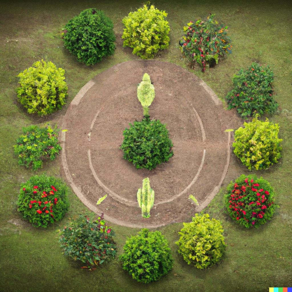 Prompt: A garden with 12 trees in a circle. So that from above it looks like a clock. Each tree fruit in a different month, one for January, one for February, one for March, and so on.