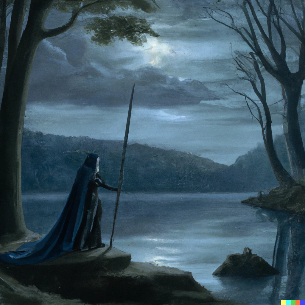 Prompt: A hooded woman, wearing armor and an azure cloak, holding a black longsword, standing on a lake shore with a monolith in the water, all in a dark forest at night with moonlight and dark clouds, by Caspar David friedrich